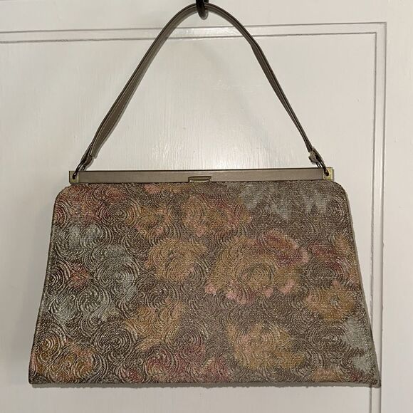 Vintage Johansen taupe, gold, pink & yellow swirl pattern arm bag - Picture 4 of 10